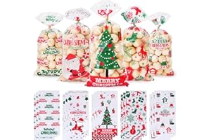 BBPOOL Christmas Treat Bags, 150pcs Cellophane Cookies Candy Goody Bags with Twist Ties for Christmas Party Supplies