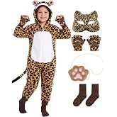 AOTHSO 5 Pieces Cheetah Halloween Costume Set Flannel Jumpsuit, Gloves, Leopard Mask, Brown Plush Bag, Cotton Socks