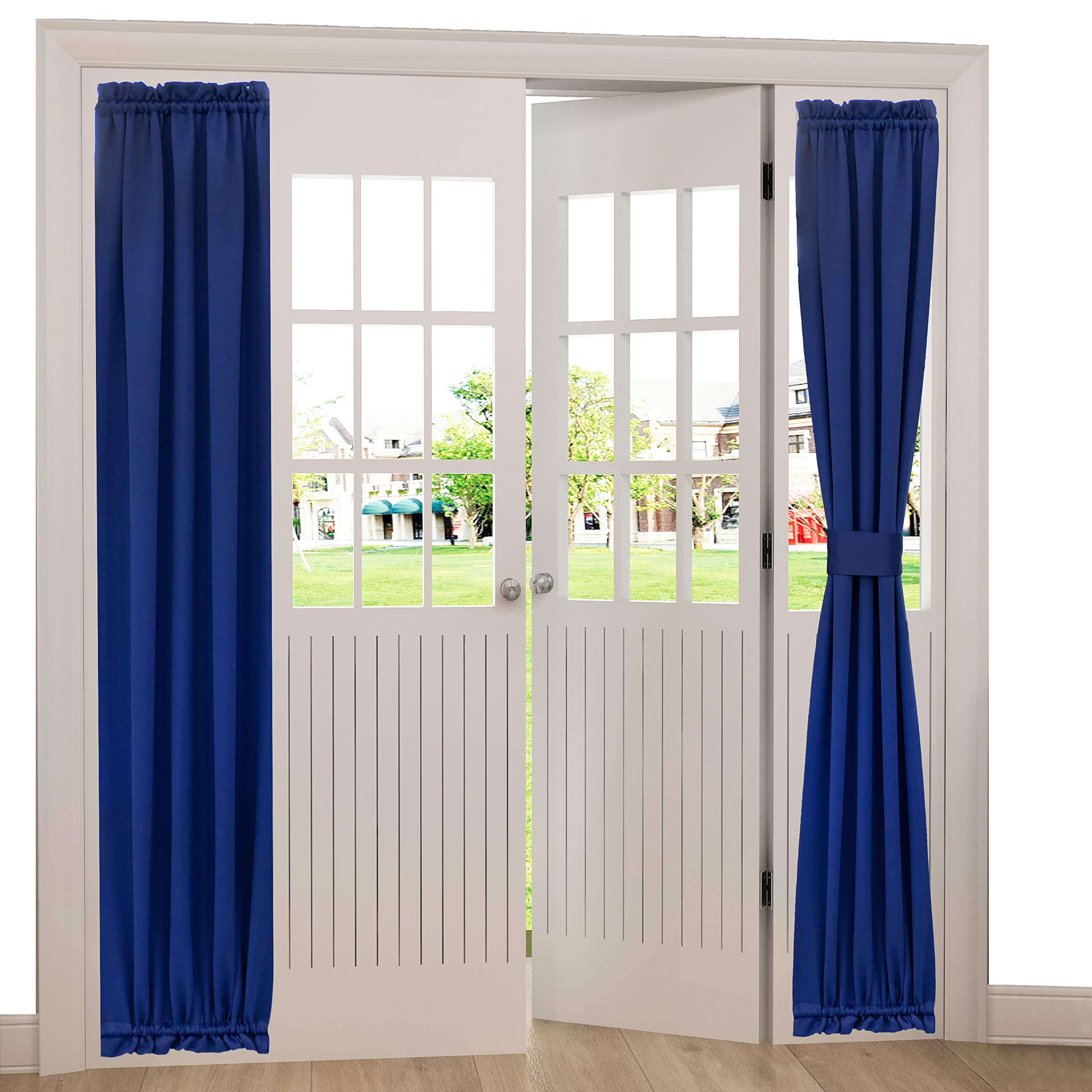 Aquazolax French Door Curtain Panel for Privacy - Blackout Rod Pocket Front Door Side Panels 25x72 Inches with Bonus Tieback - 1 Piece, Navy Blue