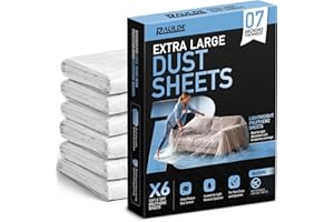 RAULDE Pack of 6 Plastic Drop Cloth, 12x10 Feet Clear Plastic Tarp, Dust Covers for Furniture are Waterproof & Tear Resistant