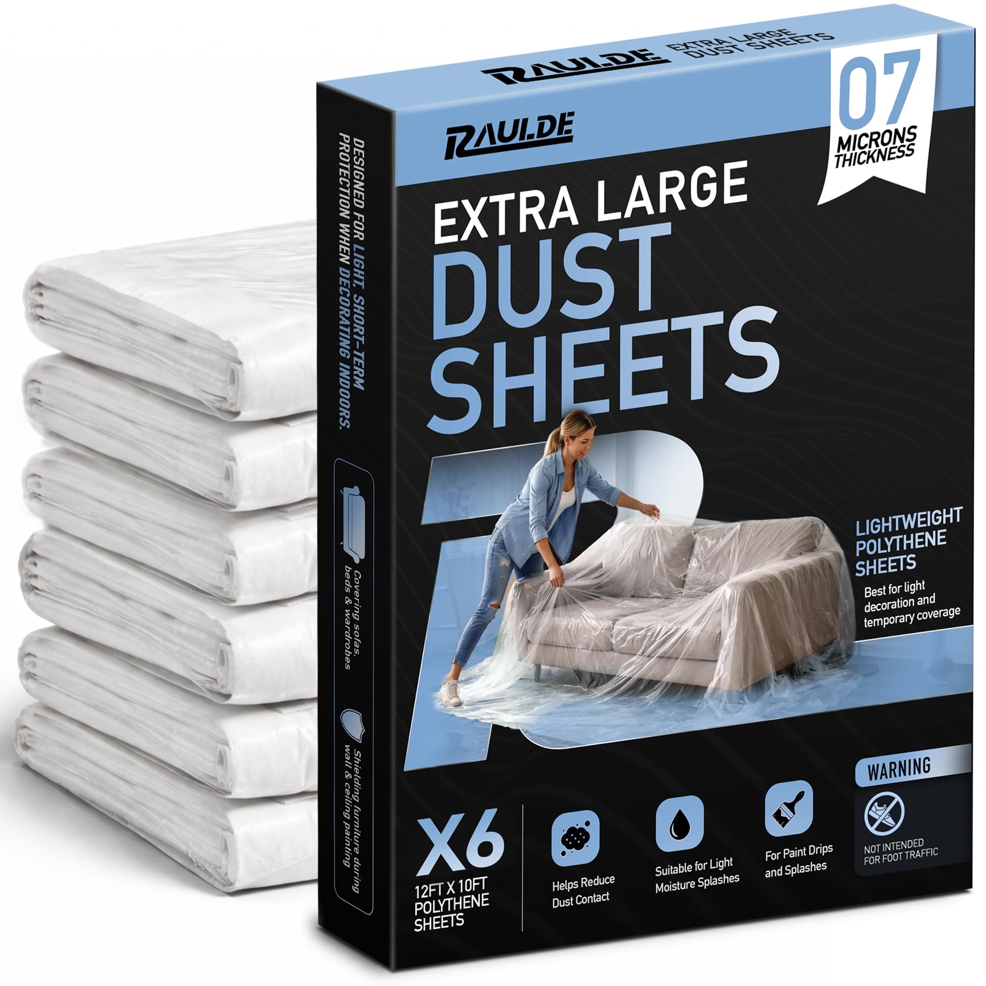 Raulde 6 Pack Extra Large Plastic Dust Sheets for Decorating 3.6 x 3m (12 x 10ft), Light Dust Sheet for Painting & Furniture - Plastic Sheet - Plastic Sheeting - Decorating Sheets - Dust Cover