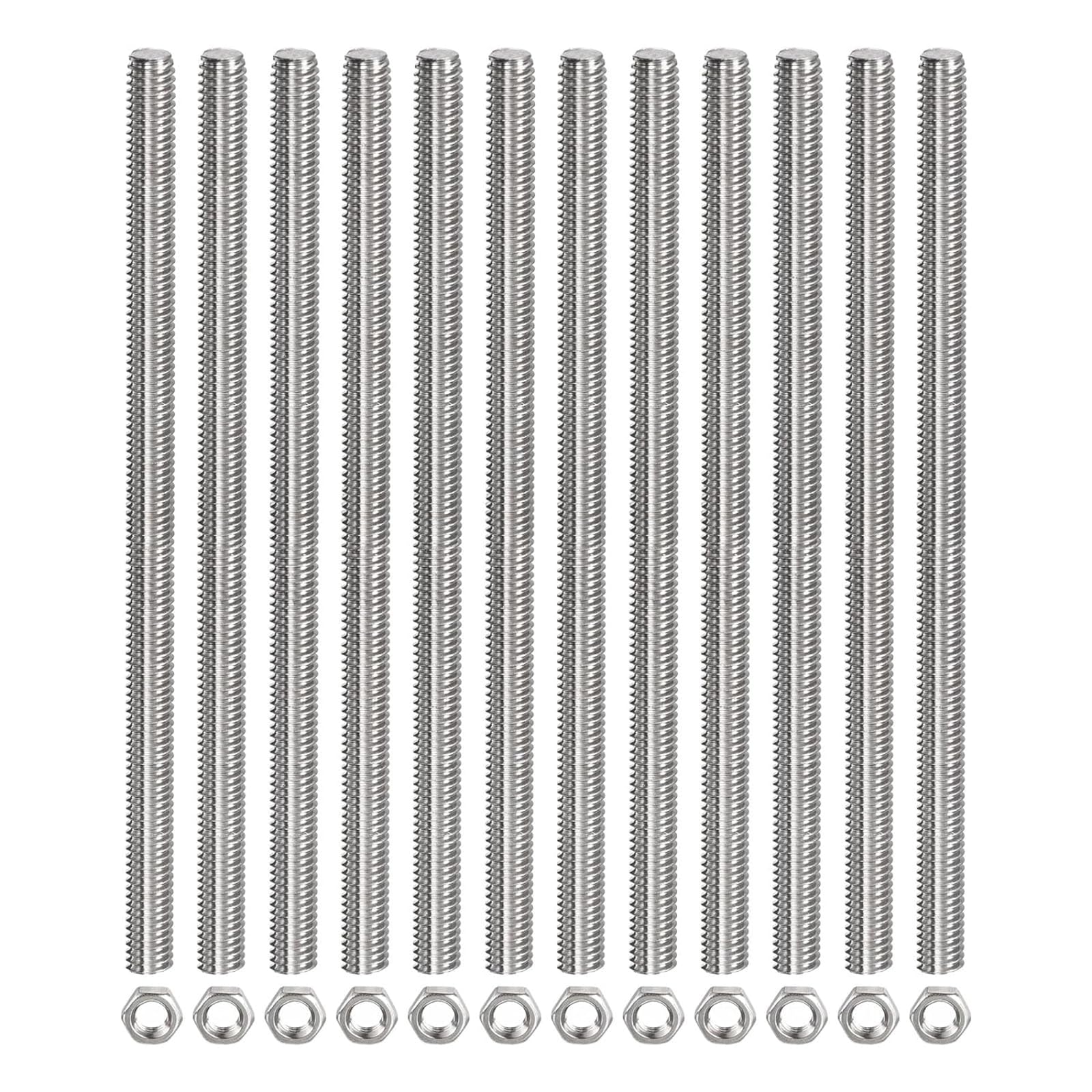 TOP-VIGOR 12Pcs M10 x 250mm Fully Threaded Rod, 304 Stainless Steel Right Hand Threads Rods, Fully Studding Rod Bar with 12Pcs Hex Nuts for Anchor Bolts, Clamps, Hangers and U-Bolts