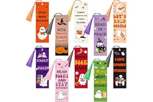 LUIQS VENS 10Pcs Halloween Bookmarks with Tassel for Reading Reader Gift, Cute Ghost Book Marks for Women Men Funny Spooky Paper Bookmark Page Makers for Students Teachers Bookworm Bookish Gifts for Book Lovers