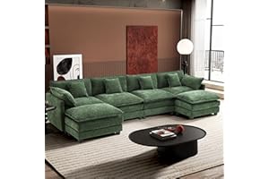 Ihanherry 146" U-Shaped Modern Sofa Modular Sectional Cloud Couch with 2 Ottoman, 6-Seat Chenille Deep Seat Sofa with 6 Pillows for Living Room, Bedroom and Apartment, Green