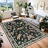 famibay Insect Black Area Rug 5x8, Washable Rugs for Living Room Floral Non Shedding Dining Room Rug, Stain Resistant Faux Wool Carpet for Living Room Bedroom(Distressed Black)