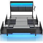 Rolanstar Bed Frame Twin Size with Charging Station and LED Lights, Upholstered Storage Headboard with Drawers, Heavy Duty Metal Slats, No Box Spring Needed, Noise Free, Easy Assembly, Dark Grey