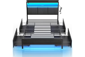 Rolanstar Bed Frame Twin Size with Charging Station and LED Lights, Upholstered Storage Headboard with Drawers, Heavy Duty Metal Slats, No Box Spring Needed, Noise Free, Easy Assembly, Dark Grey