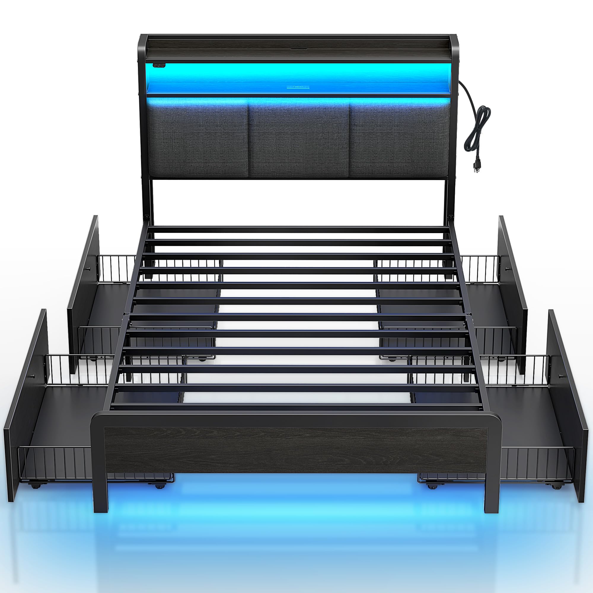 Photo 1 of ***PARS ONLY***Rolanstar Bed Frame Twin Size with Charging Station and LED Lights, Upholstered Storage Headboard with Drawers, Heavy Duty Metal Slats, No Box Spring Needed, Noise Free, Easy Assembly, Dark Grey