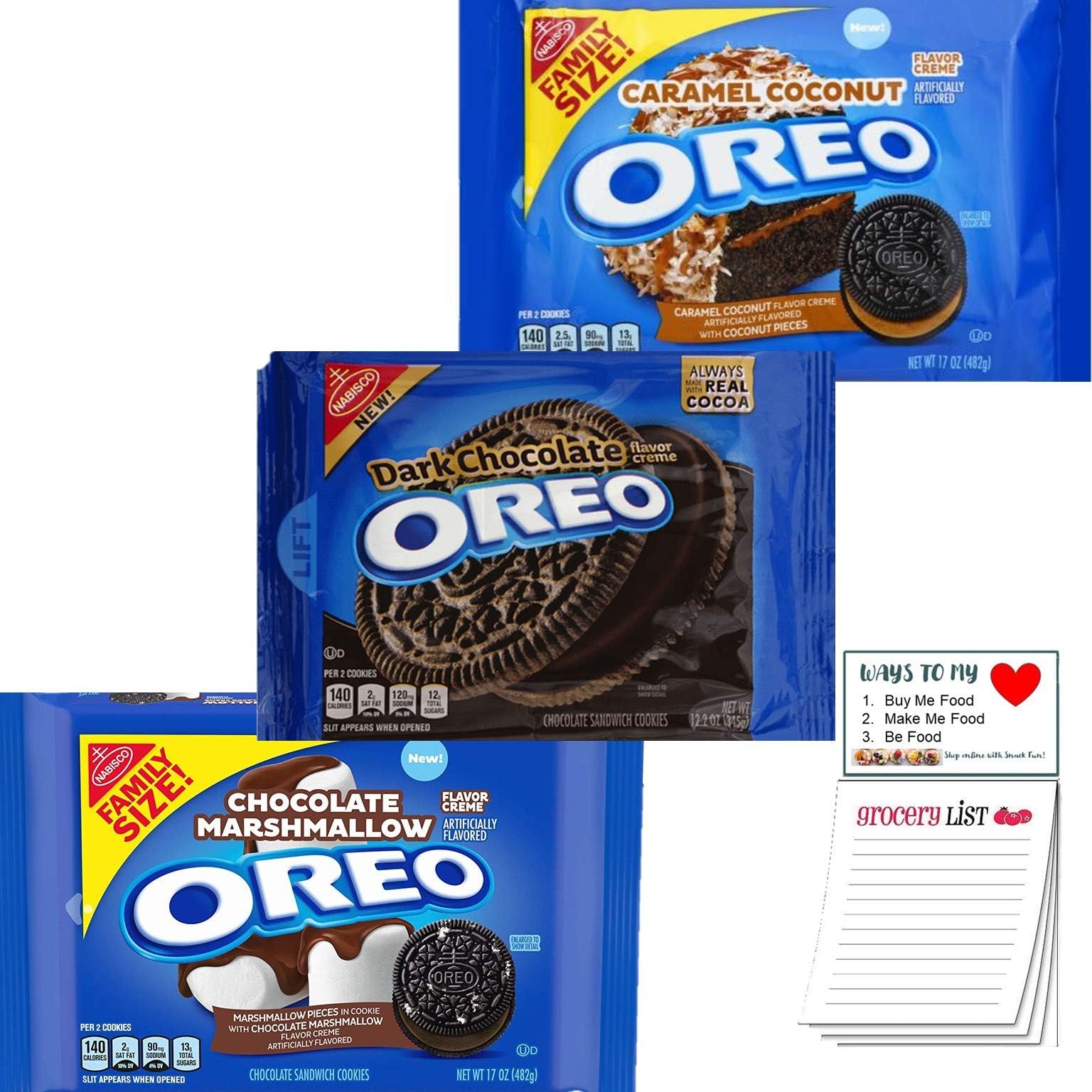 Oreo Variety Pack of 3 | Caramel Coconut Family Size, Dark Chocolate, Chocolate Marshmallow Family Size | Snack Fun Shopping Pad