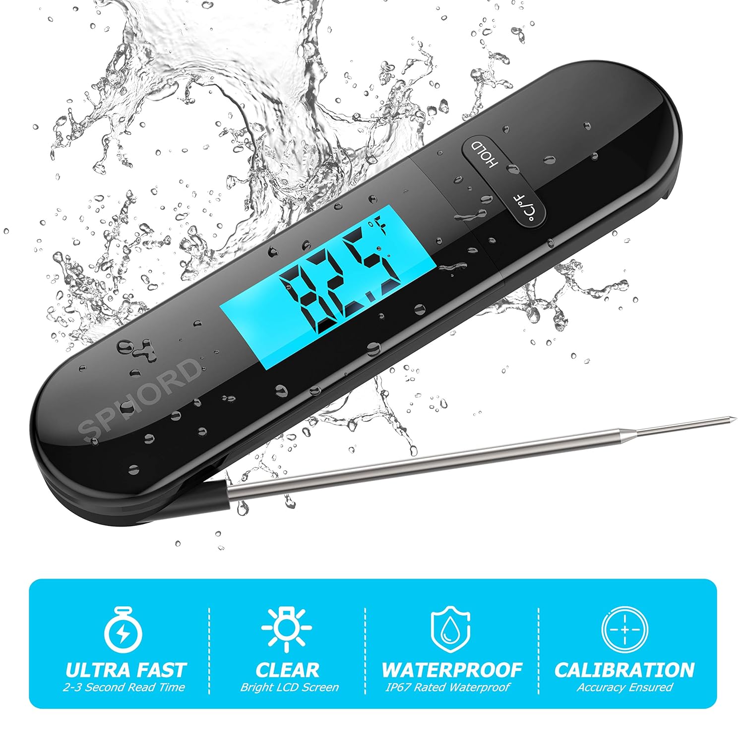 [Updated 2020 Version] SPHORD Meat Food Thermometer for Grill and Cooking, 2S Best Ultra Fast Instant Read Waterproof Digital Kitchen Thermometer Probe for Grilling, BBQ, Baking, Candy, Liquids, Oil: Industrial & Scientific