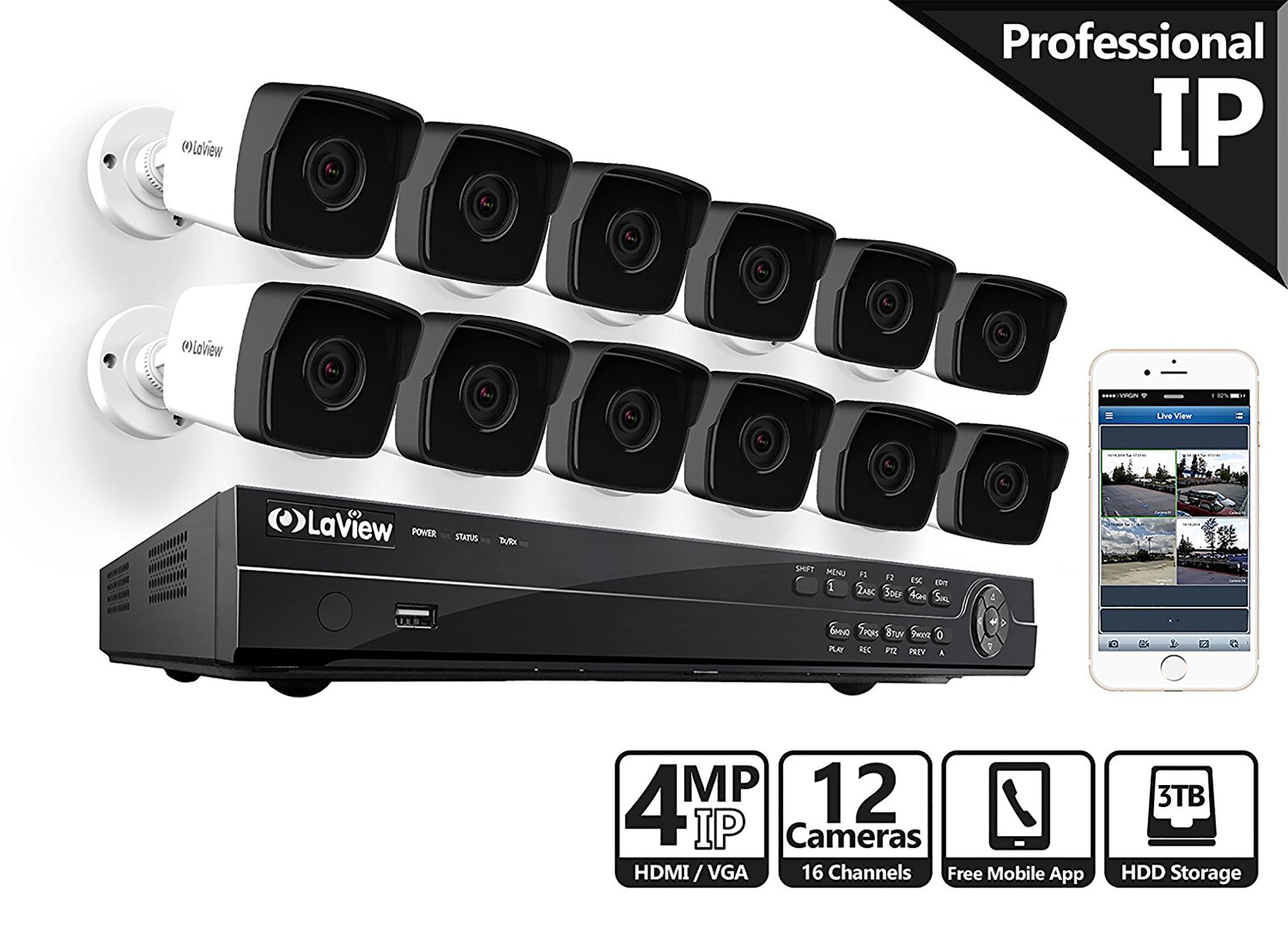 LaView 4MP (2688 x 1520) 16 Channel PoE 4K NVR HDMI, 12 4MP Bullet