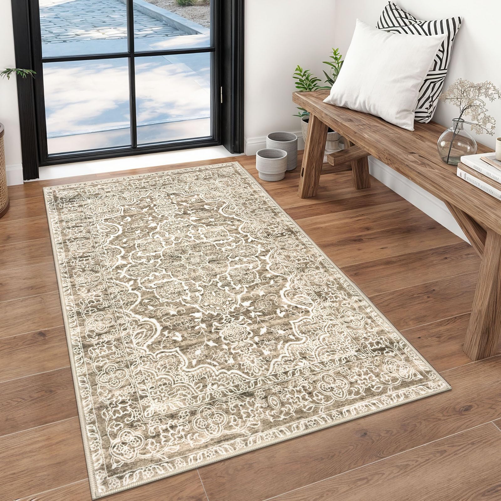 Photo 1 of KUTA Vintage Floral Rug 3x5, Area Rugs for Living Room Beige Brown Washable Kitchen Carpet Non-Slip, Ultra Soft Printed Distressed Vintage Entry Low-Pile Throw for Living Room Dorm Décor