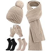 SATINIOR 5 Pieces Winter Beanie Hat Scarf Touchscreen Gloves and Thick Socks Set Knit Fleece Lined Warmer for Men and Women