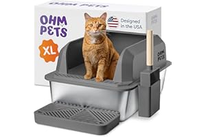 OHM EARTH OHM Pets XL Cat Litter Box Stainless Steel - 20L Non-Stick Extra Large Stainless Steel Litter Box, Rust-Proof Metal Kitty Litter Box, Anti-Leak Metal Litter Box High Sides with Scoop & Tray, Grey