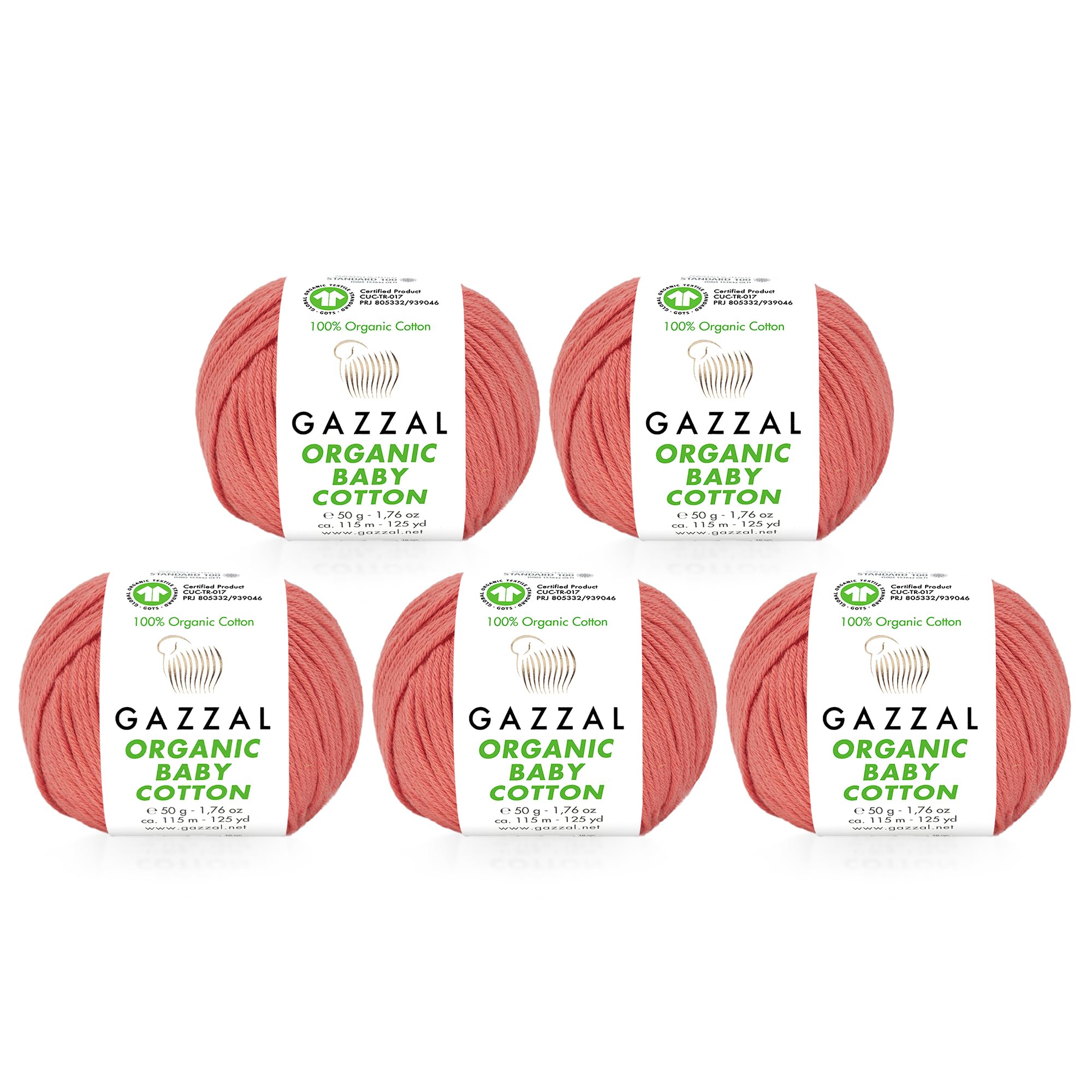 5 Ball (Pack) Gazzal Organic Baby Cotton Yarn, Total 8.8 Oz. 100% Organic Cotton, Each 1.76 Oz (50g) / 125 Yrds (115 m), 3 Light DK, Vermilion - 419