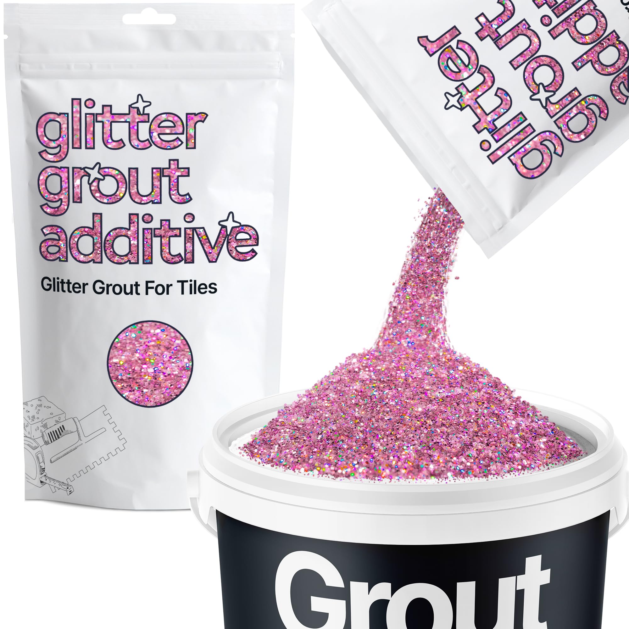 Hemway Pink Holographic Glitter Grout Additive 100g Metallic Flakes for Adding Sparkle to Kitchen & Bathroom Tiles | Enhance Your Indoor Grouting Projects with a Durable Sparkly Effect