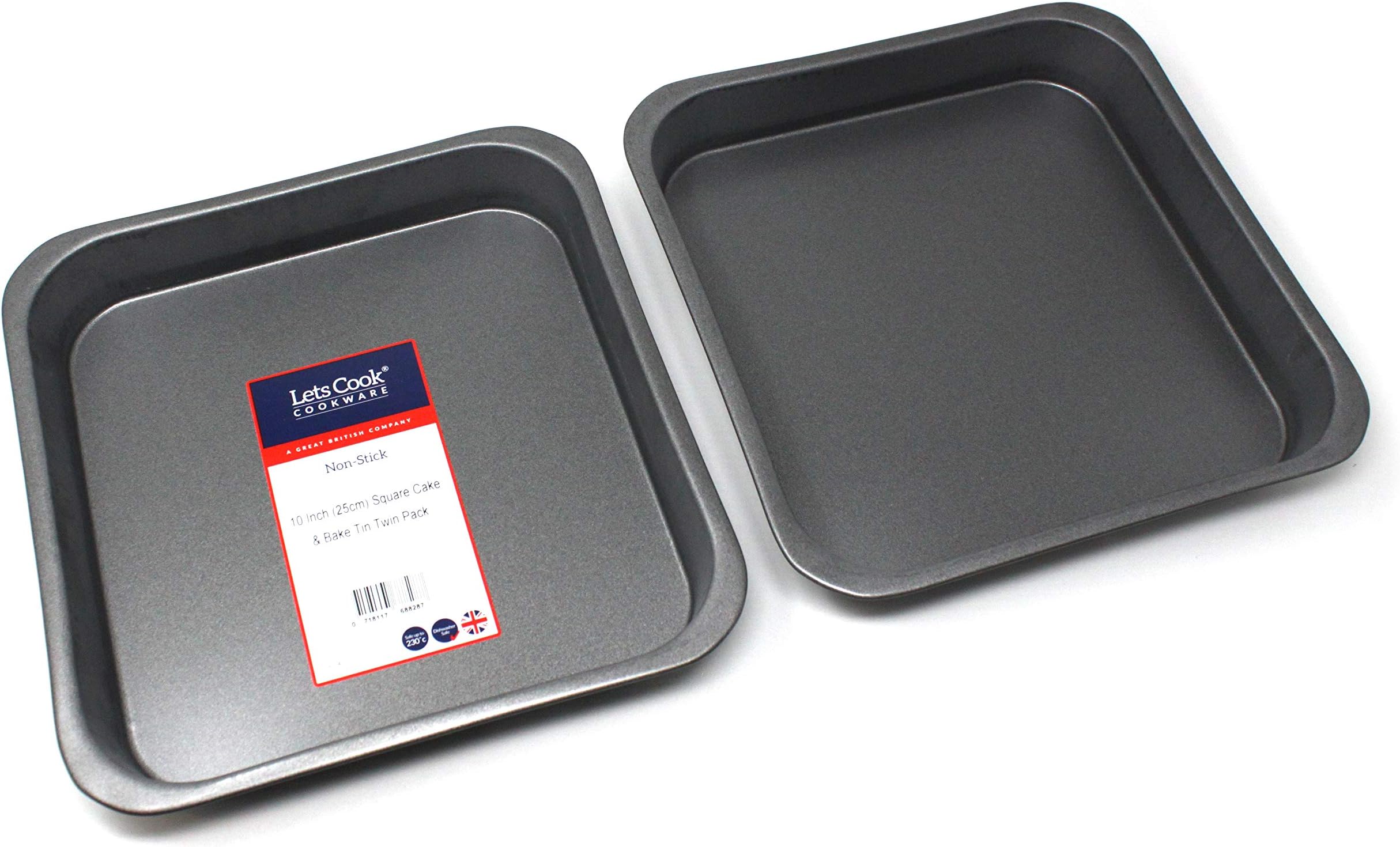 10 Inch Square Cake and Bake Tin Twin Pack, 25cm, British Made with Teflon Select Non Stick by Lets Cook Cookware