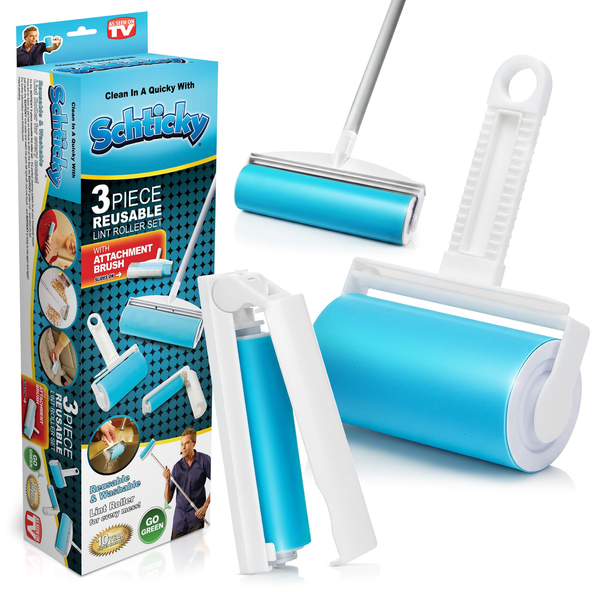 Schticky 3 Piece Lint Roller Set with Extendable Stainless Steel Pole - Reusable & Washable Lint Roller Cleaner for Clothes Sofa Furniture Car Cat Dog Hair - Clean in a Quicky with Schticky