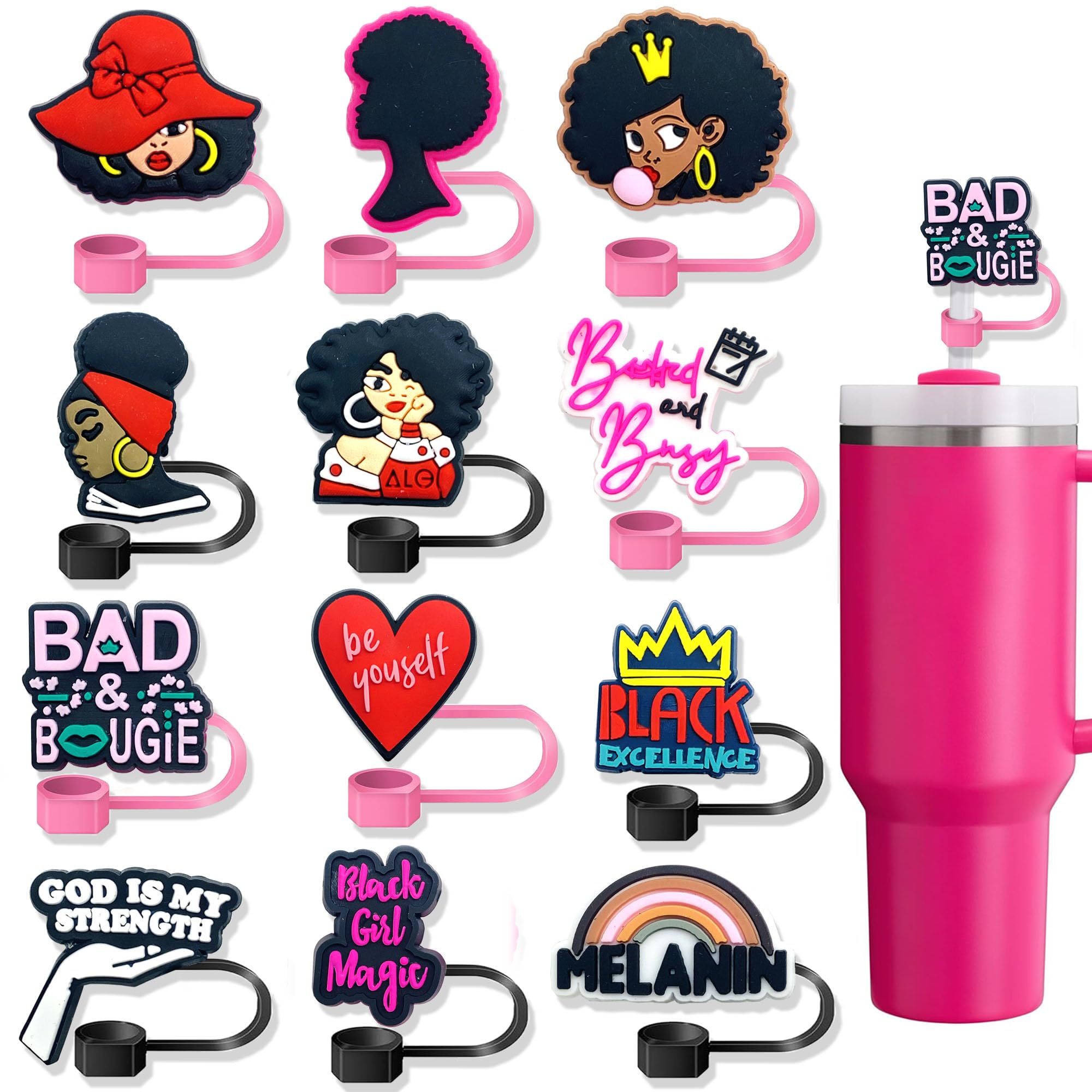 View 1 of 12PCS Black Girl Straw Cover Cap for Stanley Cup, Cute Silicone Straw Topper for Stanley 30&40 Oz Tumbler, 10mm 0.4in Dust-Proof Reusable Tips Lids, Black Girl Gifts