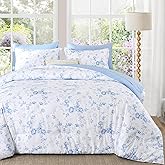 Luxudecor Floral Queen Comforter Set 7 Pieces Bed in a Bag, Blue Rose Romantic Flower Bed Set, Soft Reversible Comforter with Sheet Set 90"x90"