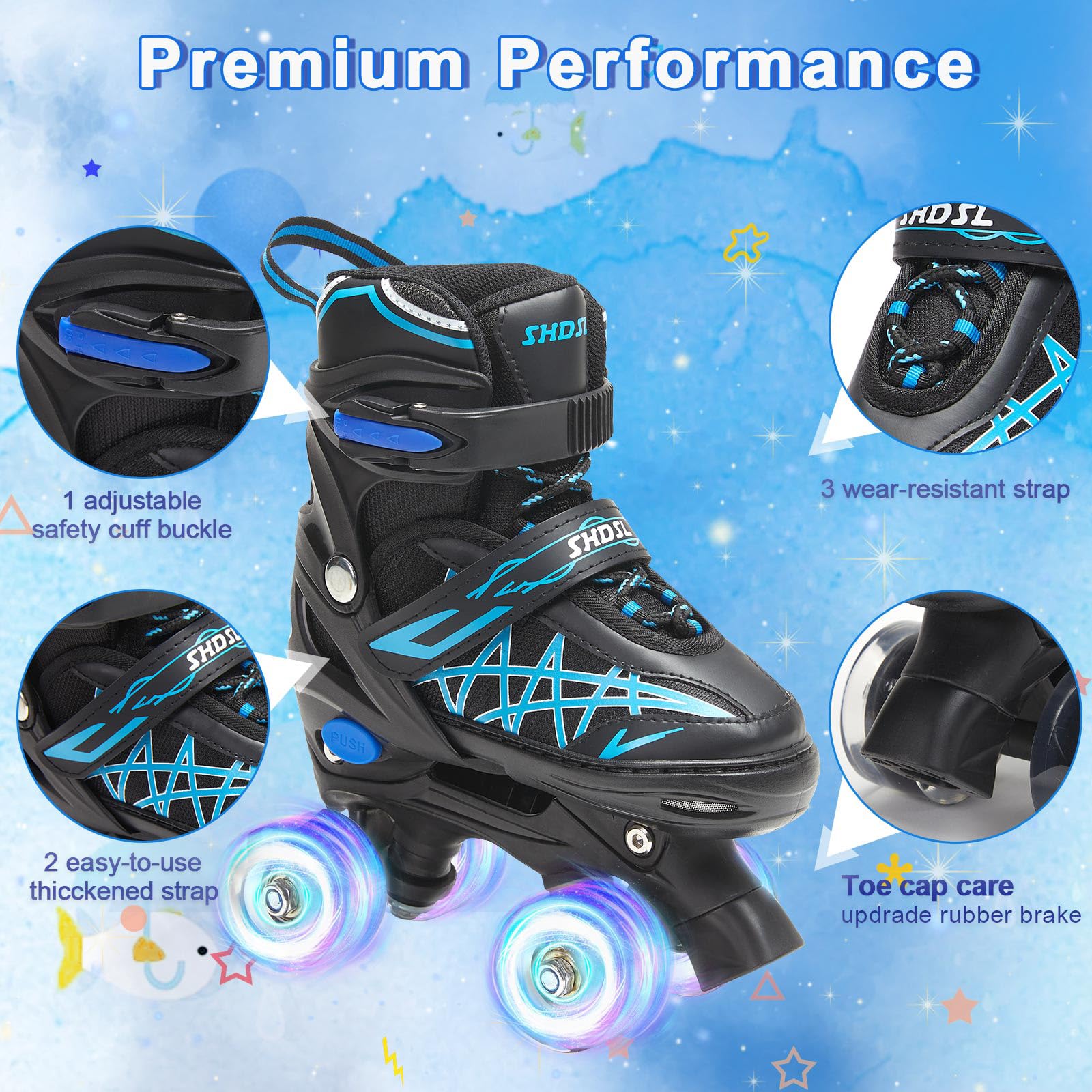 SHDSL Kids Roller Skates for Boys Girls Kids, 4 Sizes Adjustable Quad Skates with All Light up Wheels - Birthday Gift for Indoor Outdoor Sports Patines para niñas