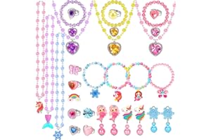 FOVRPUIB Kids Play Jewelry Sets, Princess Toys for Girls 4-6, 29 Pcs Little Girl Costume Jewelry, Unicorn Necklaces, Bracelets, Rings, Earrings, Dress Up Birthday Easter Gifts for Kids Pretend Play Party Favor