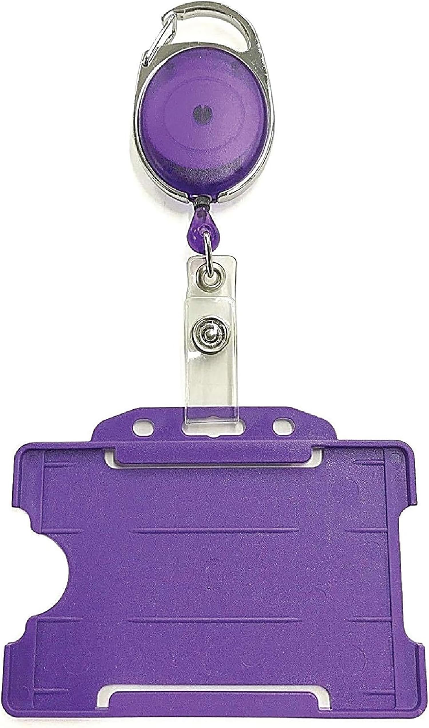PCL Media ltd Purple Retractable Badge Reel with Carabiner Clip and Purple ID Card Holders, Open-Faced Rigid ID Badge Holder - Holds One ID Card Ski Pass Holder