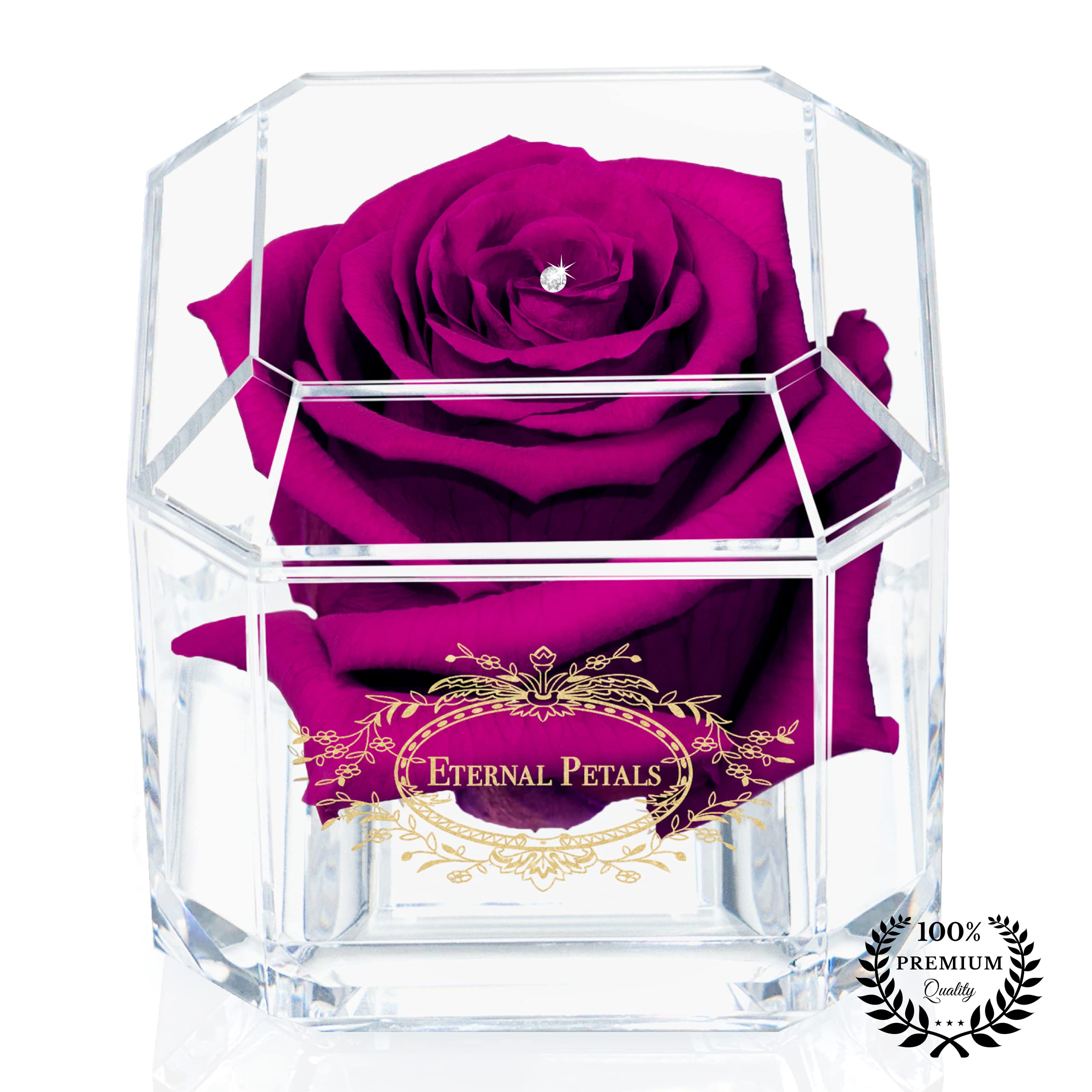 A 100% Real Rose That Lasts Years - Eternal Petals, Handmade in UK – Preserved Infinity Flower - Gold Solo with A Clear Crystal (Plum)