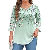 IN'VOLAND Womens Plus Size Tops 3/4 Length Sleeve Shirts Dressy Casual V Neck T Shirts Loose Summer Business Work Blouses