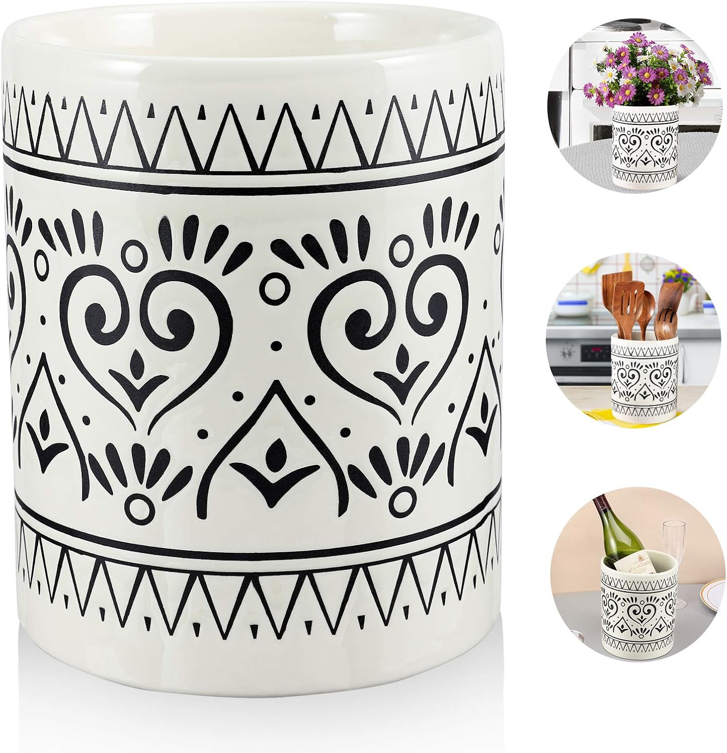 Kitchen Utensil Holder for Countertop, Large Ceramic Utensils Holder Farmhouse Utensil Crock for Kitchen & Dining Table, White Cooking Utensil Caddy Organizer, Graffiti Style