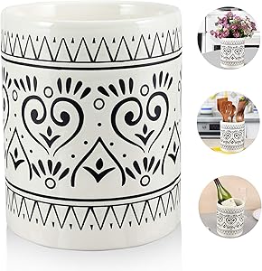 Kitchen Utensil Holder for Countertop, Large Ceramic Utensils Holder Farmhouse Utensil Crock for Kitchen & Dining Table, White Cooking Utensil Caddy Organizer, Graffiti Style