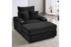 Neylory 42.5" Oversized Chaise Lounge Chair Indoor with Ottoman, Reclining Chair Chaise Lounge Sofa with Storage and Cup Holders, Comfy Recliner Sleeper Chair Corduroy Couch for Living Room, Black