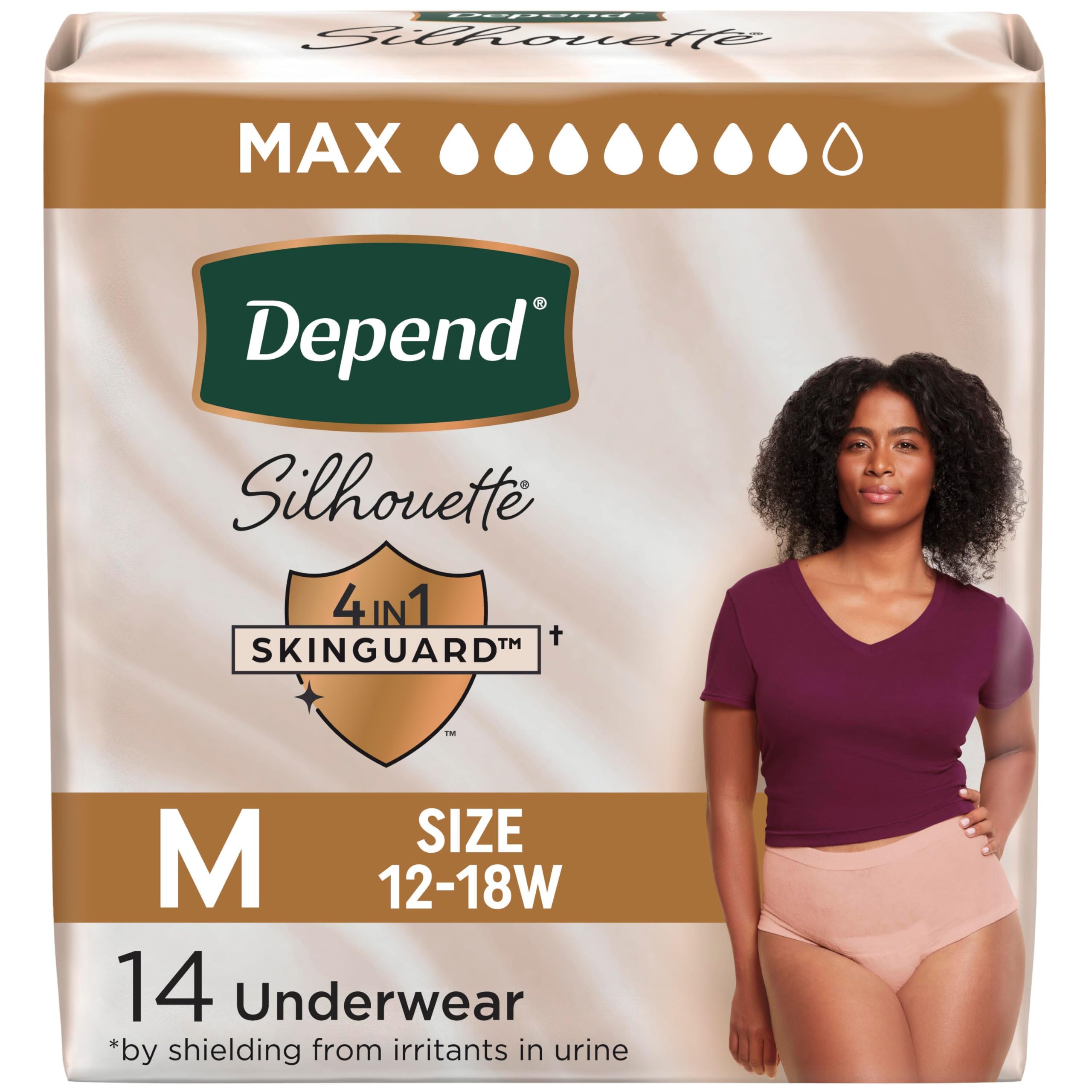 Photo 1 of Depend Silhouette Adult Diapers, Incontinence & Postpartum Bladder Leak Underwear for Women, Maximum Absorbency, Medium, Pink, 14 Count, Packaging May Vary