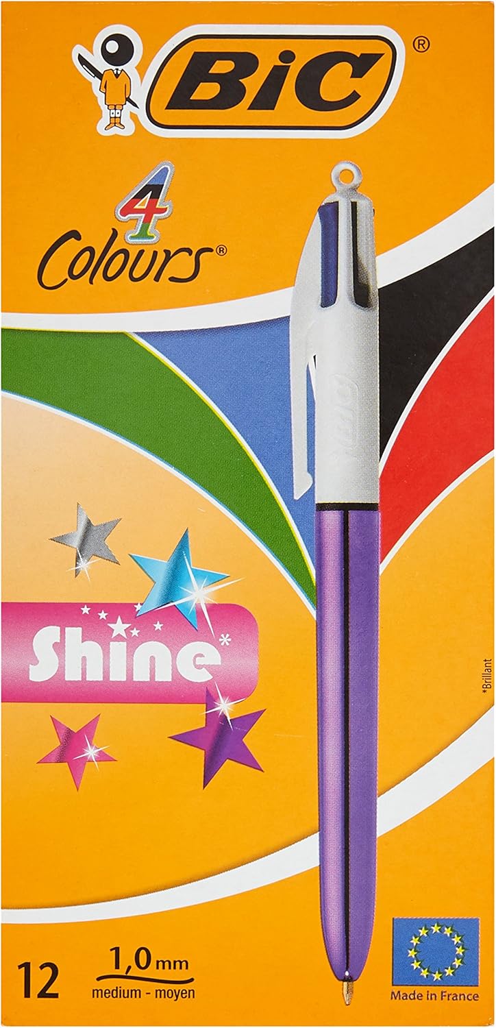 BIC 4 Colours Shine Ballpoint Pens Metallic Purple Body, Box of 12