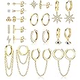 IRONBOX 12Pairs 14K Gold Plated Huggie Hoop Studs Earrings Set for Women Small Dainty Minimalist Chain Earrings Cartilage CZ Ball Earring Sets for Multiple Piercing