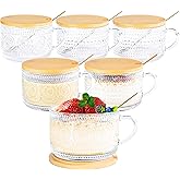 Icesip 14 oz Vintage Coffee Mugs Glass of 6 Overnight Oats Glass Mug with Bamboo Lids Spoons Handle for Latte Cereal Yogurt(Hobnail*3 & Sunflower*3 with Spoon Hole Lid)