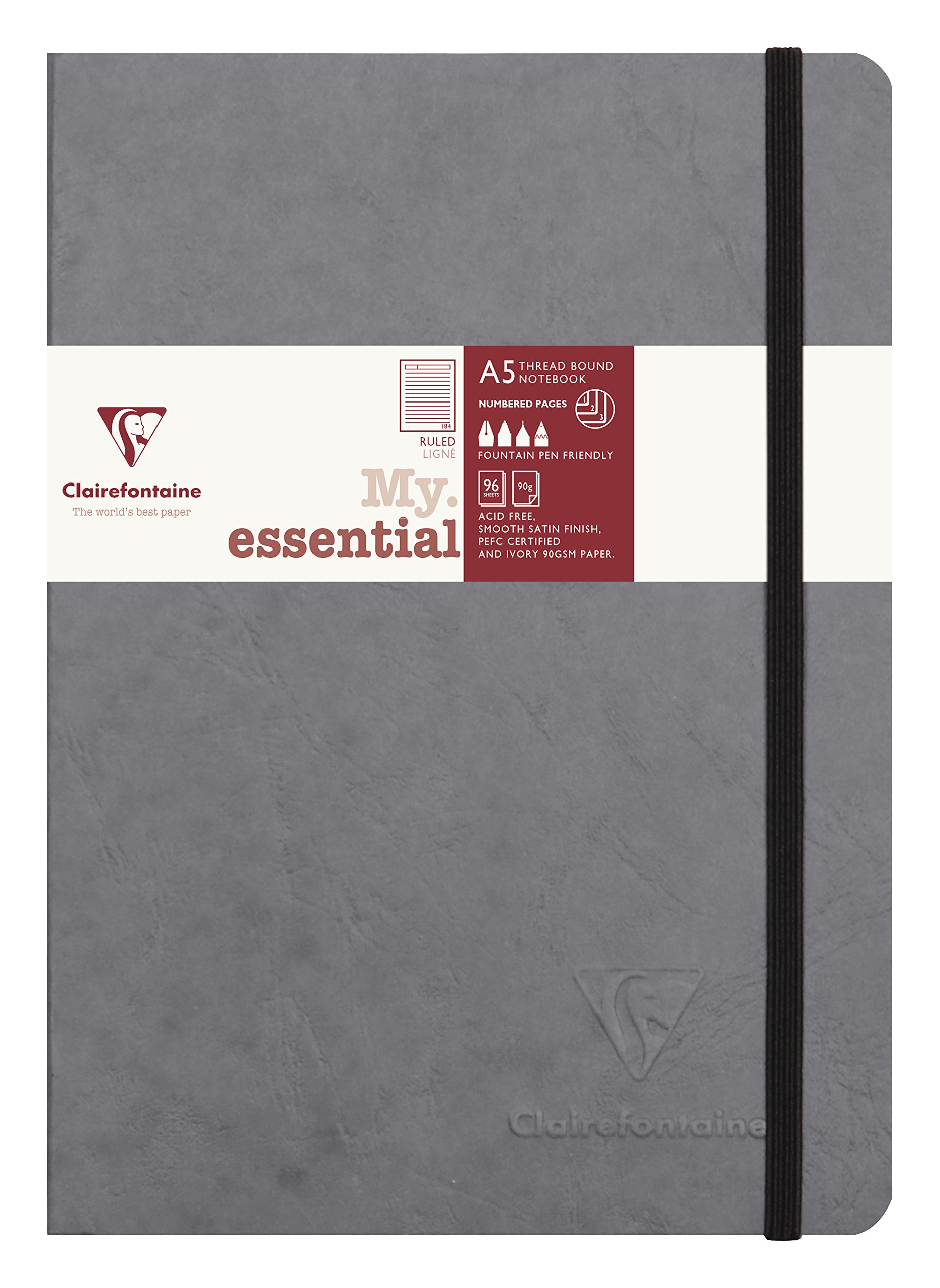 Clairefontaine 793465C Collection Age Bag Stitched MyEssential Sewn Notebook Grey - A5 14,8x21cm - 192 Numbered Lined Pages - 90g Ivory Paper - Leather Cover