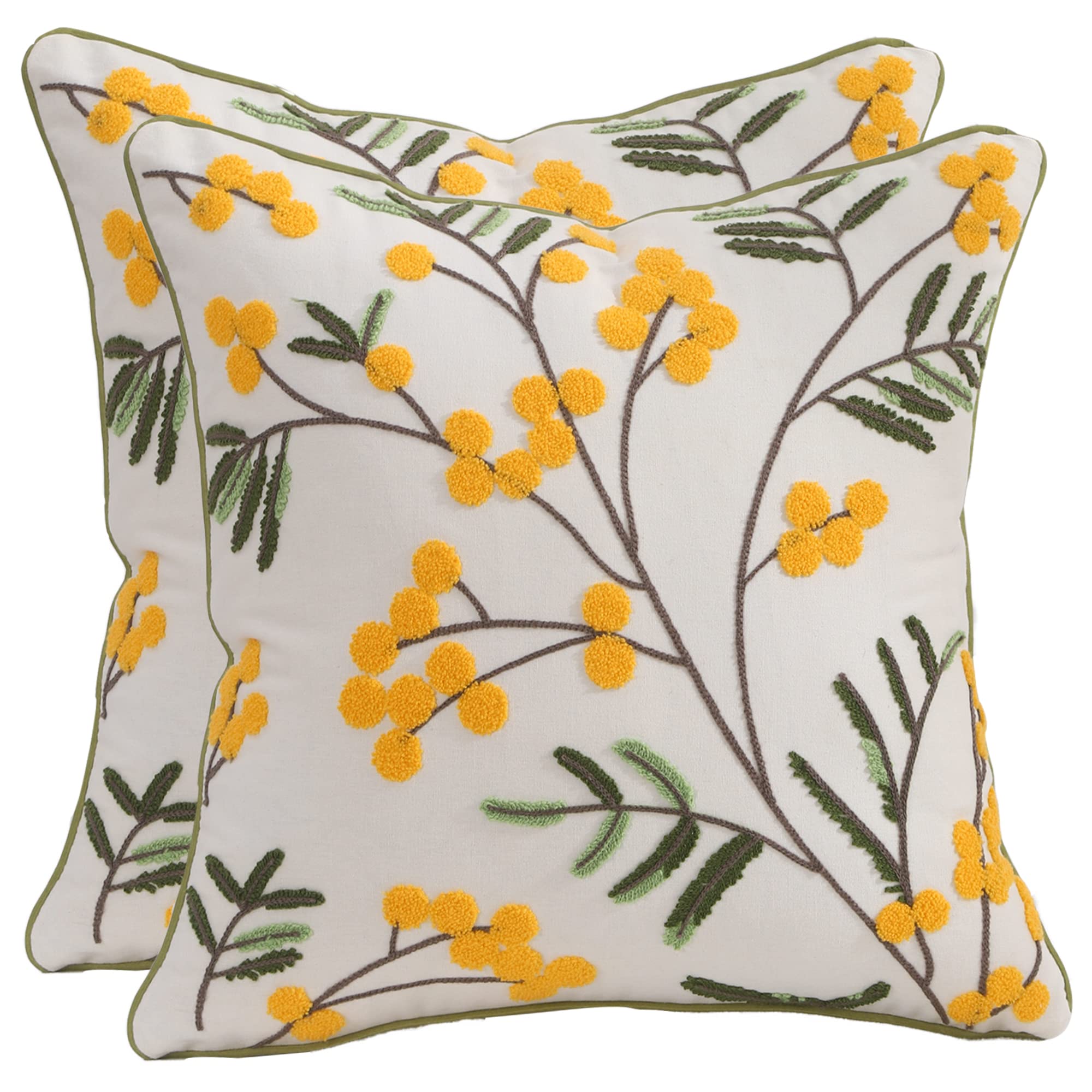 Tosleo Spring Decorative Pillowcases 16 x 16 inch Pack of 2 Sea Buckthorn Fruit Embroidered Throw Pillow Covers Farmhouse Cotton Pillow Cushion Cases Home Decor Square Floral Pillow Case
