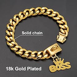 15mm Wide Gold Dog Chain Collar with Pendant