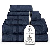 Premium Staple Cotton Bathroom Towel Set - Navy 600 GSM 6-Piece Luxury Bath Towel Set 3 Stripe - 2 Bath Towels, 2 Hand Towels & 2 Washclothes Set - High Absorbent & Quick Dry for Gym, Spa, Hotel