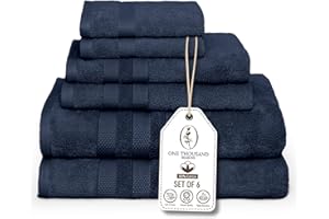 ONE THOUSAND REASONS Premium Staple Cotton Bathroom Towel Set - Navy 600 GSM 6-Piece Luxury Bath Towel Set 3 Stripe - 2 Bath Towels, 2 Hand Towels & 2 Washclothes Set - High Absorbent & Quick Dry for Gym, Spa, Hotel