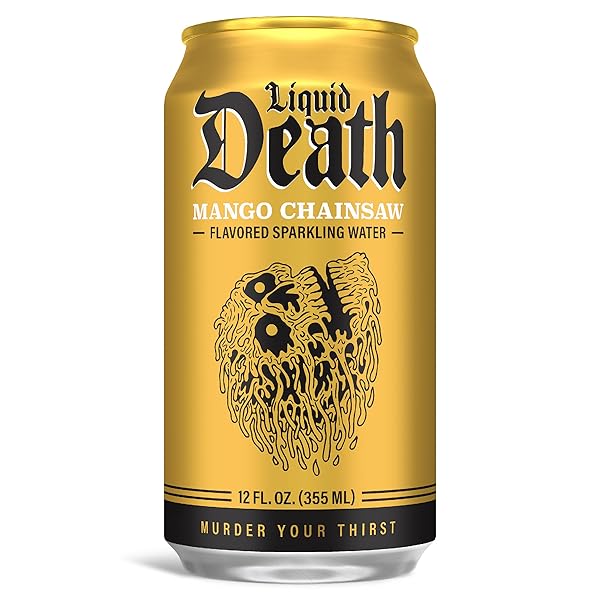 LIQUID DEATH SODA-FLAVORED SPARKLING WATER – MANGO CHAINSAW (MANGO ORANGE), LESS SUGAR*, HUGE FLAVOR, NO CAFFEINE, NO ARTIFICIAL SWEETENERS, 12 FL OZ (PACK OF 12)