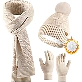 Women Winter Beanie Scarf Gloves Set 3 in 1 Fleece Lined Knit Hat with Pom Pom Long Scarf TouchScreen Gloves for Cold Weather