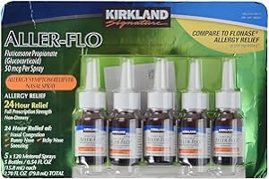 KIRKLAND Signature Aller-Flo Fluticasone Propionate (Glucorticoid) 5 Bottles x 120 Metered Sprays 0.54 Fl OZ per Bottle (15.8 mL x 5) 2.70 OZ Total (79 mL Total) 600 Total Sprays Total, 1-Pack