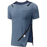 Poriff Men's Post Shoulder Surgery Recovery Shirts Full Tear Away Short Sleeve Snap Chemo Port Access Shirt