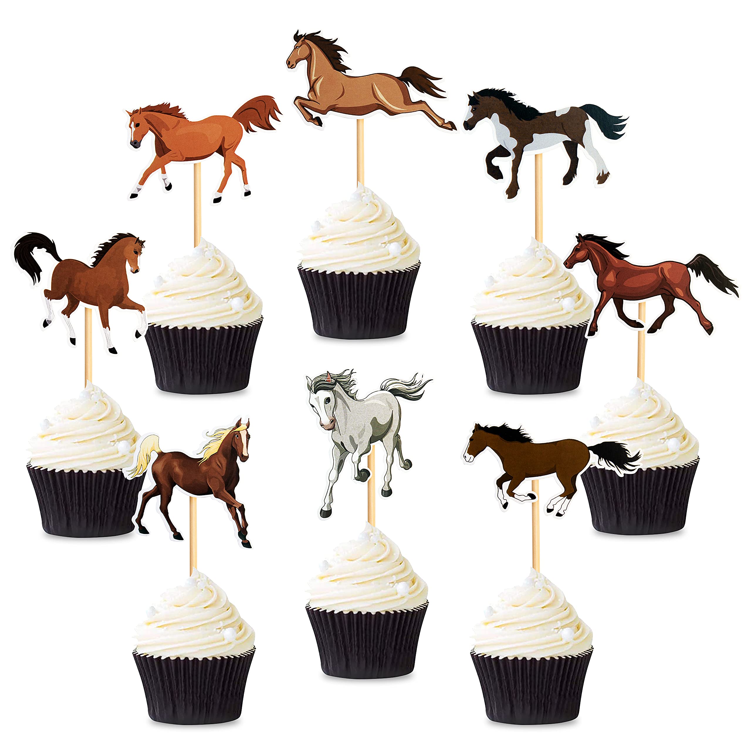 Blumomon 32 Pack Horse Cupcake Toppers - Assembled Horse Racing Cake Toppers for Equestrian Themed Birthday, Baby Shower, Wedding Party Decorations
