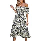 CUPSHE Women's Off The Shoulder Ruffled Short Sleeve Smocked Paisley Beach Midi Dress