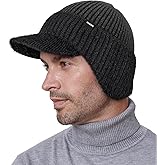 Wmcaps Winter Beanie with Brim and Ear Flaps, Fleece Lined Warm Knit Hat for Men Women Outdoor Thermal Stocking Cap