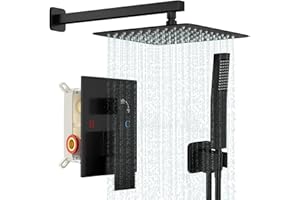 Baetuy Black Shower Faucet Set, Rainfall Shower System with Square Shower Head and Handle Set, Wall Mounted Shower Fixtures, Shower Valve and Trim Kit 12 inch Matte Black