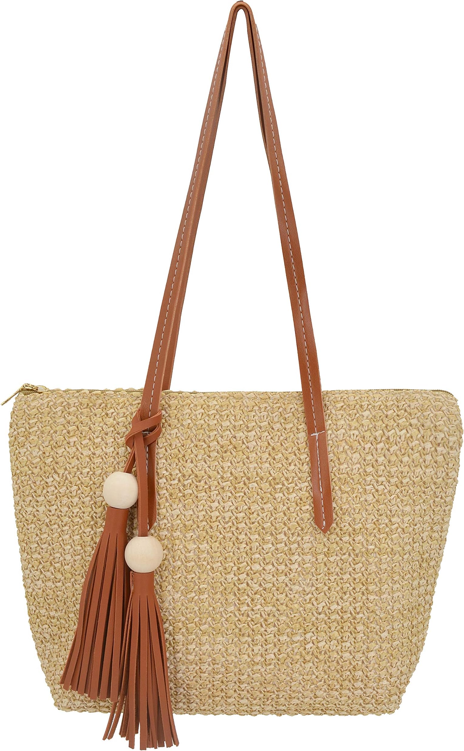 Women's Simple and Fashionable Tassel Tote One-Shoulder Straw Woven Shoulder Bag